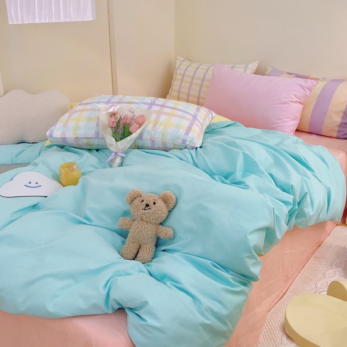 91家纺网 家纺一手货源 找家纺 顾里家纺2021新款40支高密度奶油撞色水洗棉四件套 蓝黄玉