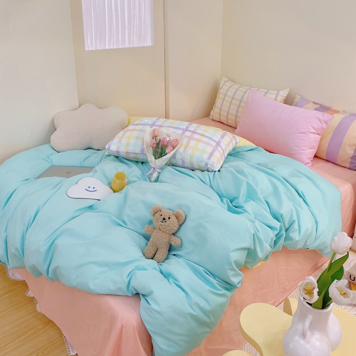 91家纺网 家纺一手货源 找家纺 顾里家纺2021新款40支高密度奶油撞色水洗棉四件套 蓝黄玉