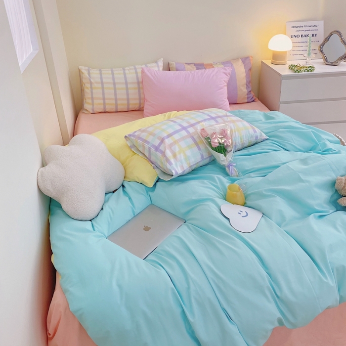 91家纺网 家纺一手货源 找家纺 顾里家纺2021新款40支高密度奶油撞色水洗棉四件套 蓝黄玉