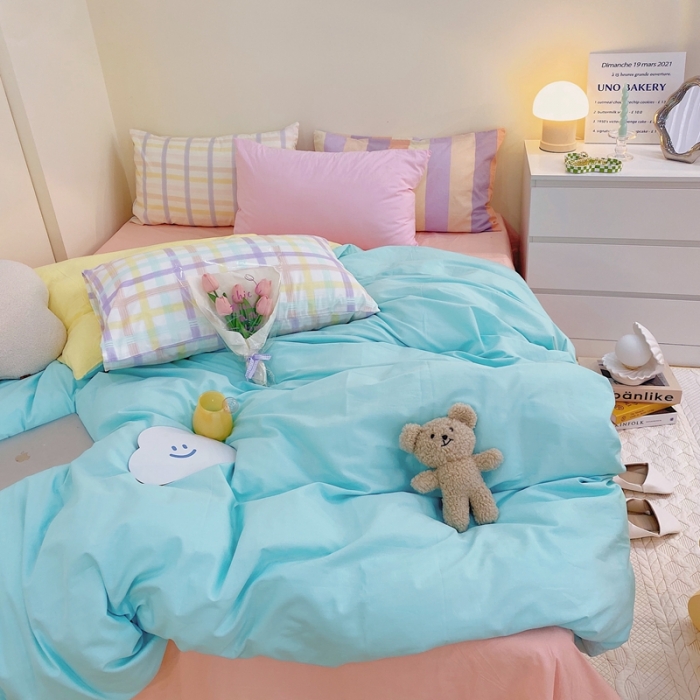 91家纺网 家纺一手货源 找家纺 顾里家纺2021新款40支高密度奶油撞色水洗棉四件套 蓝黄玉