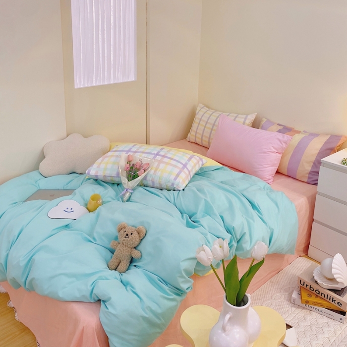 91家纺网 家纺一手货源 找家纺 顾里家纺2021新款40支高密度奶油撞色水洗棉四件套 蓝黄玉