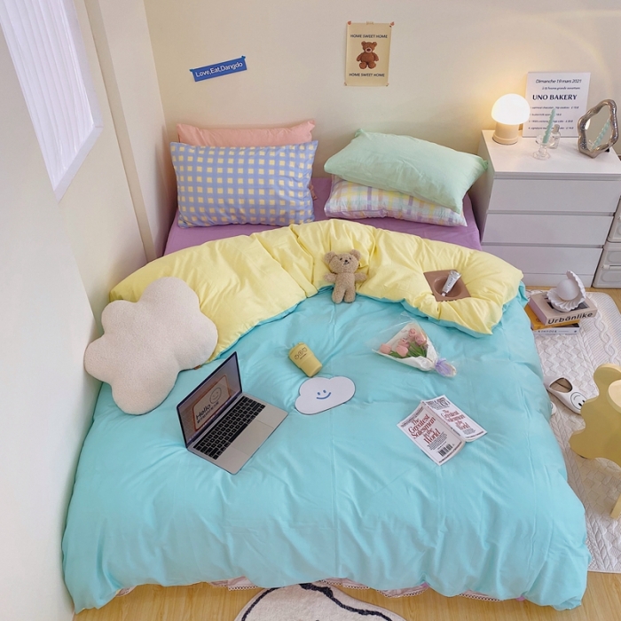 91家纺网 家纺一手货源 找家纺 顾里家纺2021新款40支高密度奶油撞色水洗棉四件套 蓝黄紫