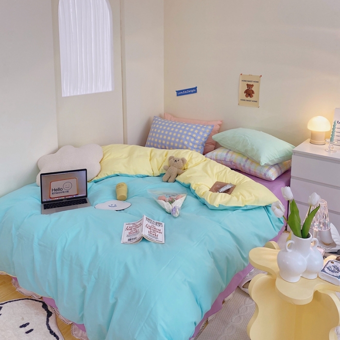 91家纺网 家纺一手货源 找家纺 顾里家纺2021新款40支高密度奶油撞色水洗棉四件套 蓝黄紫