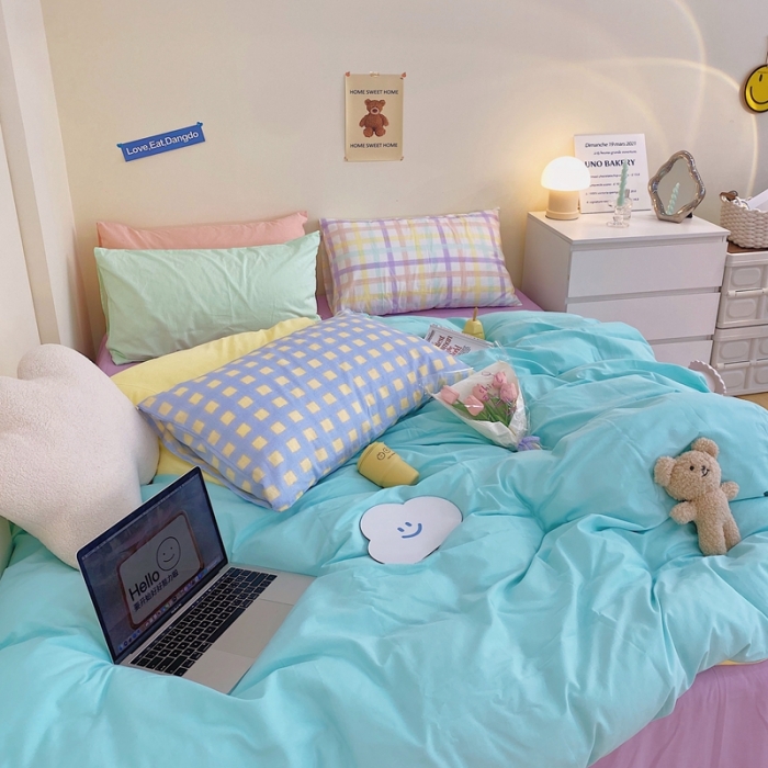 91家纺网 家纺一手货源 找家纺 顾里家纺2021新款40支高密度奶油撞色水洗棉四件套 蓝黄紫