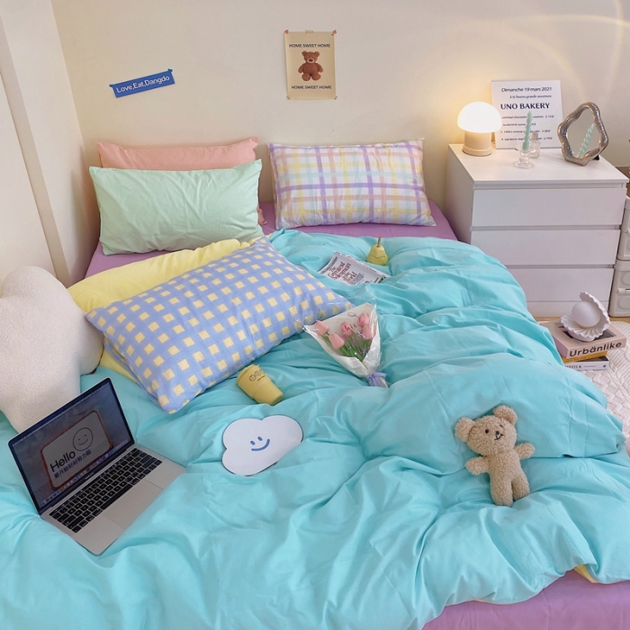 91家纺网 家纺一手货源 找家纺 顾里家纺2021新款40支高密度奶油撞色水洗棉四件套 蓝黄紫