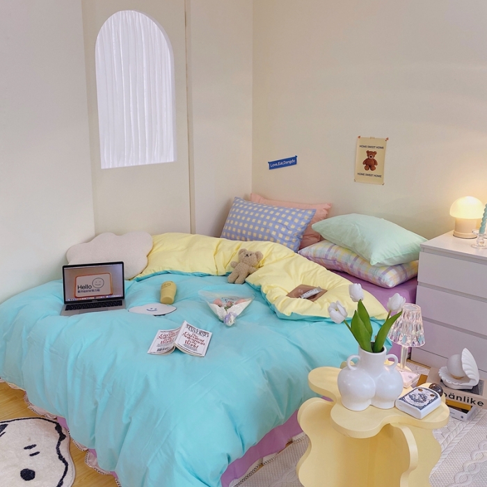 91家纺网 家纺一手货源 找家纺 顾里家纺2021新款40支高密度奶油撞色水洗棉四件套 蓝黄紫