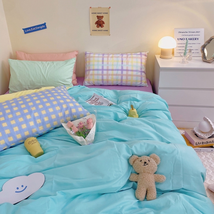 91家纺网 家纺一手货源 找家纺 顾里家纺2021新款40支高密度奶油撞色水洗棉四件套 蓝黄紫