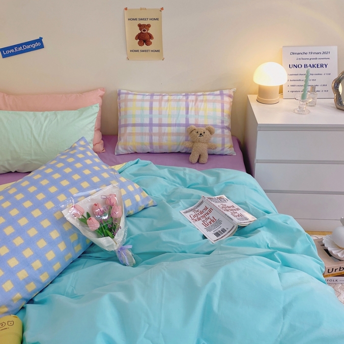 91家纺网 家纺一手货源 找家纺 顾里家纺2021新款40支高密度奶油撞色水洗棉四件套 蓝黄紫