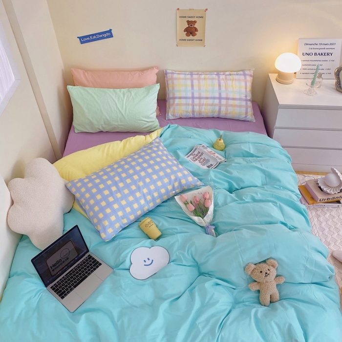 91家纺网 家纺一手货源 找家纺 顾里家纺2021新款40支高密度奶油撞色水洗棉四件套 蓝黄紫