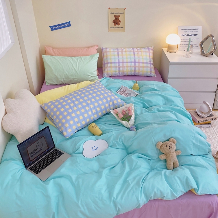 91家纺网 家纺一手货源 找家纺 顾里家纺2021新款40支高密度奶油撞色水洗棉四件套 蓝黄紫