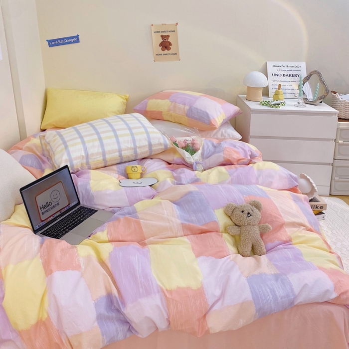 91家纺网 家纺一手货源 找家纺 顾里家纺2021新款40支高密度奶油撞色水洗棉四件套 马卡龙