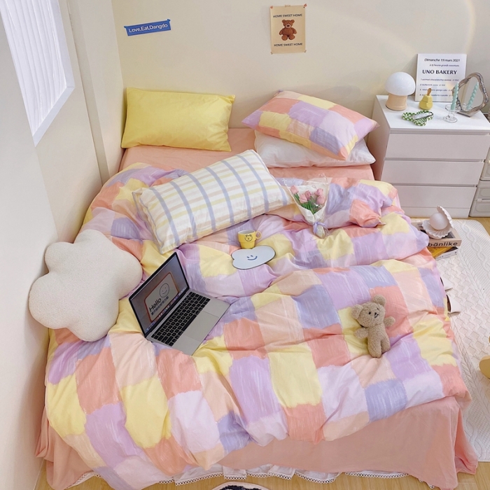 91家纺网 家纺一手货源 找家纺 顾里家纺2021新款40支高密度奶油撞色水洗棉四件套 马卡龙