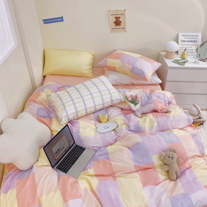 91家纺网 家纺一手货源 找家纺 顾里家纺2021新款40支高密度奶油撞色水洗棉四件套 马卡龙