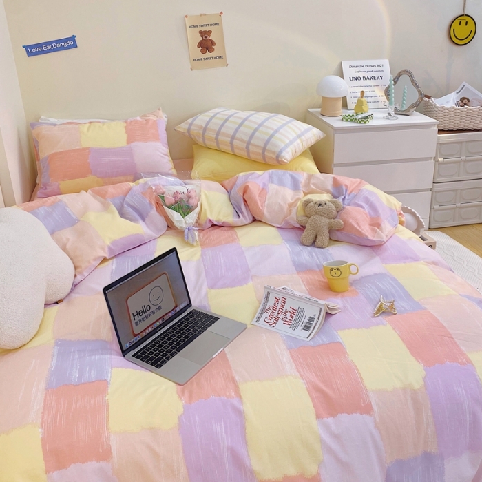 91家纺网 家纺一手货源 找家纺 顾里家纺2021新款40支高密度奶油撞色水洗棉四件套 马卡龙