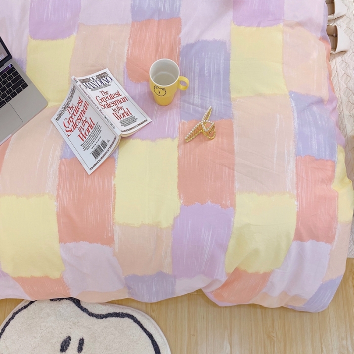 91家纺网 家纺一手货源 找家纺 顾里家纺2021新款40支高密度奶油撞色水洗棉四件套 马卡龙