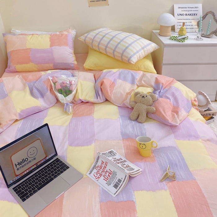 91家纺网 家纺一手货源 找家纺 顾里家纺2021新款40支高密度奶油撞色水洗棉四件套 马卡龙