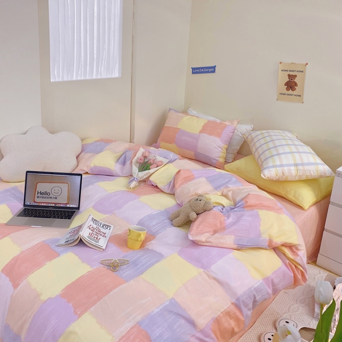 91家纺网 家纺一手货源 找家纺 顾里家纺2021新款40支高密度奶油撞色水洗棉四件套 马卡龙