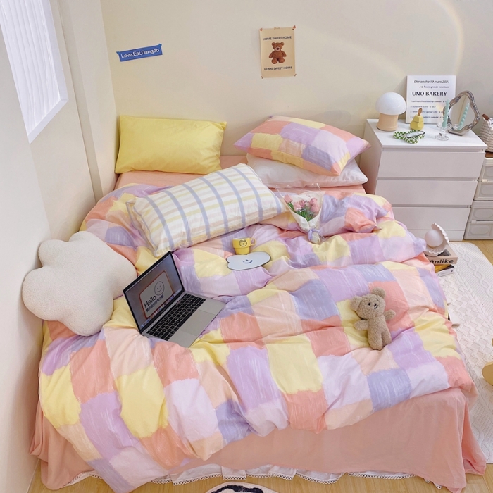 91家纺网 家纺一手货源 找家纺 顾里家纺2021新款40支高密度奶油撞色水洗棉四件套 马卡龙