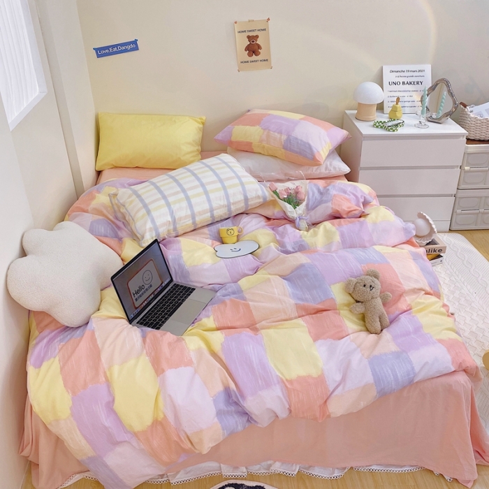 91家纺网 家纺一手货源 找家纺 顾里家纺2021新款40支高密度奶油撞色水洗棉四件套 马卡龙