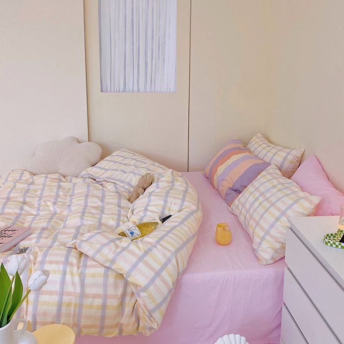 91家纺网 家纺一手货源 找家纺 顾里家纺2021新款40支高密度奶油撞色水洗棉四件套 梦幻格