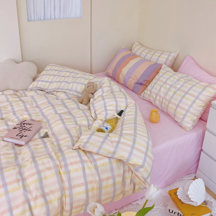 91家纺网 家纺一手货源 找家纺 顾里家纺2021新款40支高密度奶油撞色水洗棉四件套 梦幻格