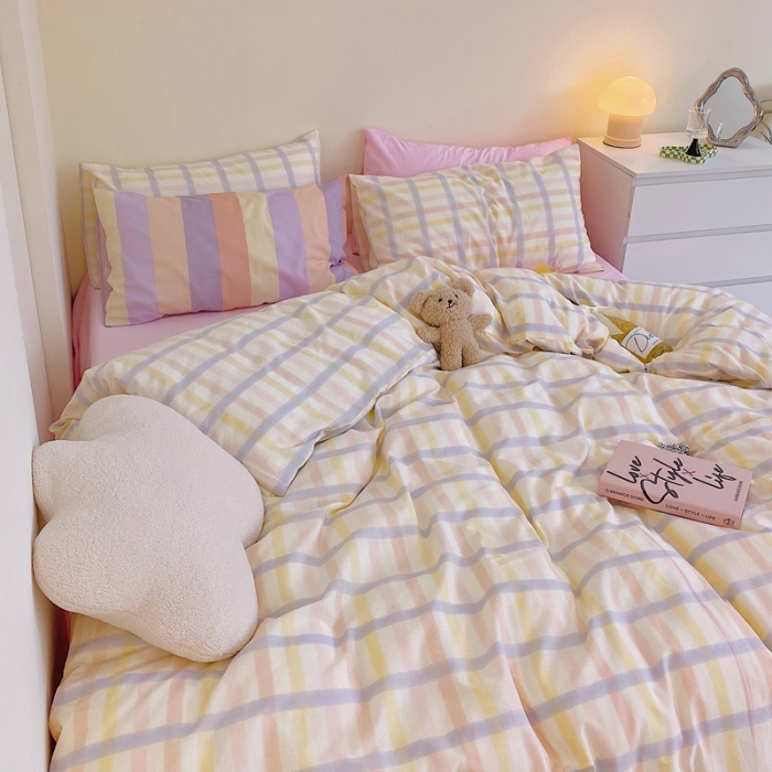 91家纺网 家纺一手货源 找家纺 顾里家纺2021新款40支高密度奶油撞色水洗棉四件套 梦幻格