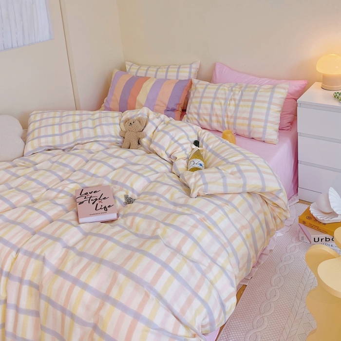 91家纺网 家纺一手货源 找家纺 顾里家纺2021新款40支高密度奶油撞色水洗棉四件套 梦幻格