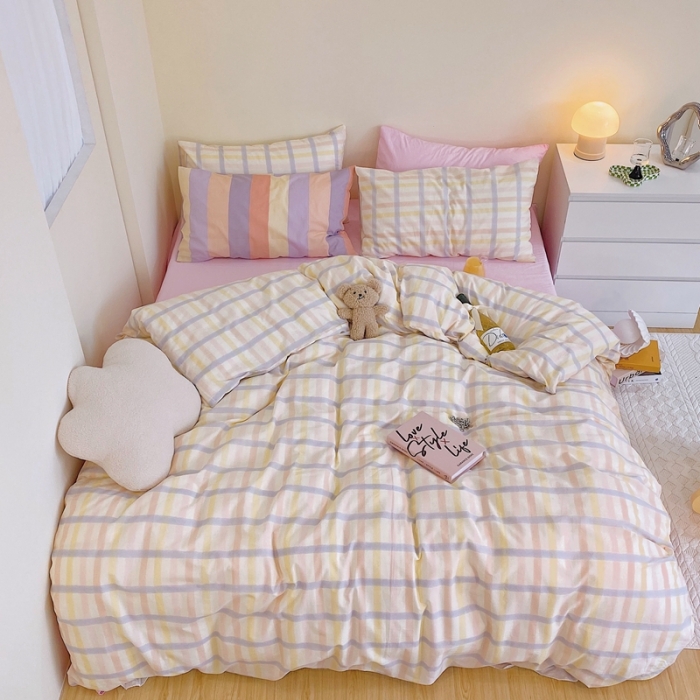 91家纺网 家纺一手货源 找家纺 顾里家纺2021新款40支高密度奶油撞色水洗棉四件套 梦幻格