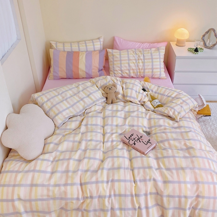 91家纺网 家纺一手货源 找家纺 顾里家纺2021新款40支高密度奶油撞色水洗棉四件套 梦幻格