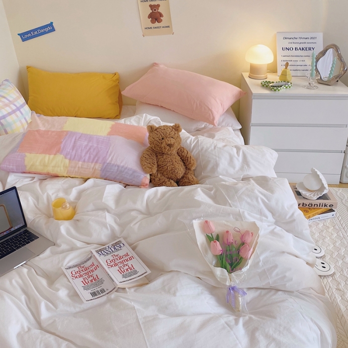 91家纺网 家纺一手货源 找家纺 顾里家纺2021新款40支高密度奶油撞色水洗棉四件套 奶昔白