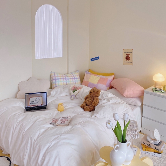 91家纺网 家纺一手货源 找家纺 顾里家纺2021新款40支高密度奶油撞色水洗棉四件套 奶昔白