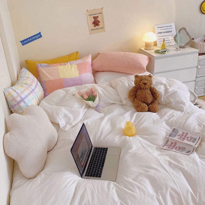 91家纺网 家纺一手货源 找家纺 顾里家纺2021新款40支高密度奶油撞色水洗棉四件套 奶昔白