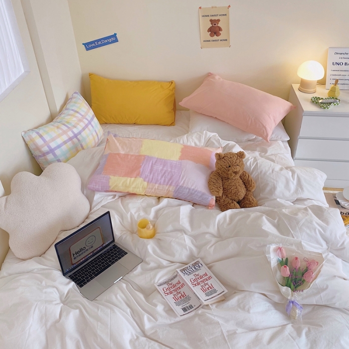 91家纺网 家纺一手货源 找家纺 顾里家纺2021新款40支高密度奶油撞色水洗棉四件套 奶昔白