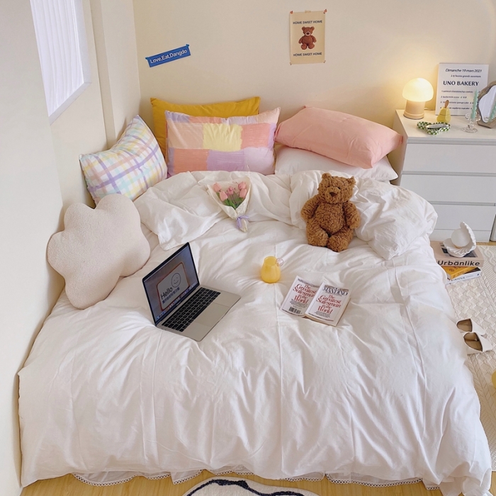 91家纺网 家纺一手货源 找家纺 顾里家纺2021新款40支高密度奶油撞色水洗棉四件套 奶昔白