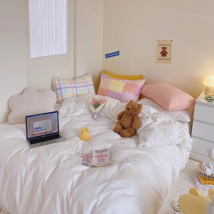 91家纺网 家纺一手货源 找家纺 顾里家纺2021新款40支高密度奶油撞色水洗棉四件套 奶昔白