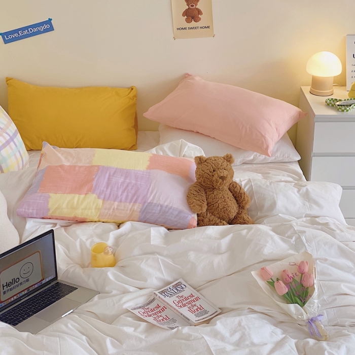 91家纺网 家纺一手货源 找家纺 顾里家纺2021新款40支高密度奶油撞色水洗棉四件套 奶昔白