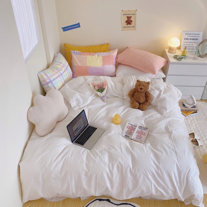 91家纺网 家纺一手货源 找家纺 顾里家纺2021新款40支高密度奶油撞色水洗棉四件套 奶昔白