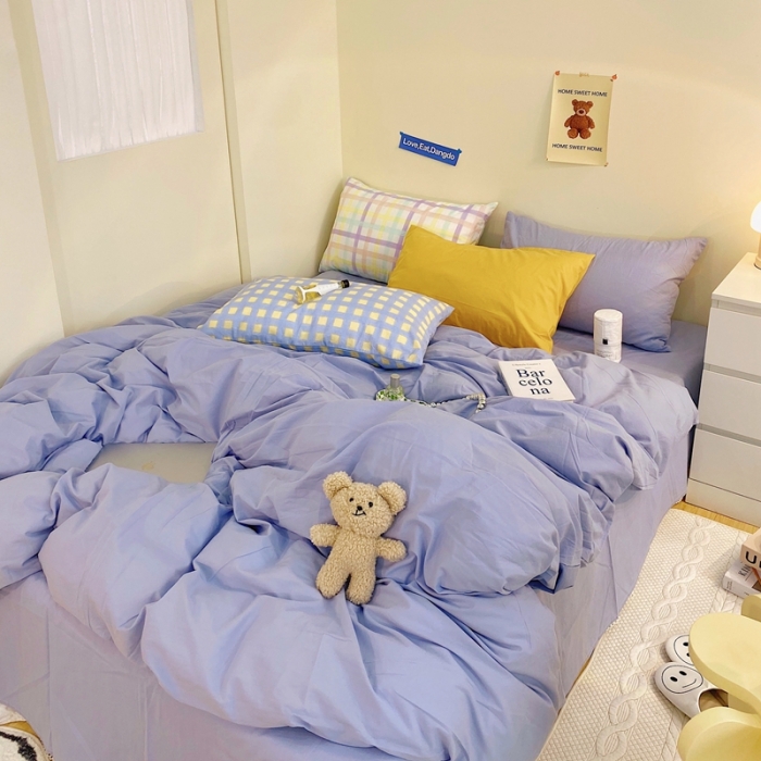 91家纺网 家纺一手货源 找家纺 顾里家纺2021新款40支高密度奶油撞色水洗棉四件套 雾霾蓝