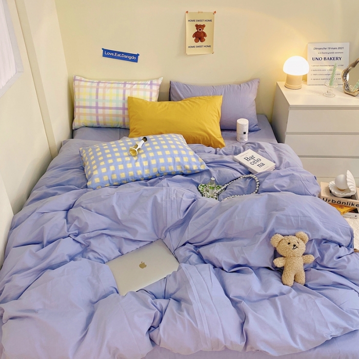 91家纺网 家纺一手货源 找家纺 顾里家纺2021新款40支高密度奶油撞色水洗棉四件套 雾霾蓝