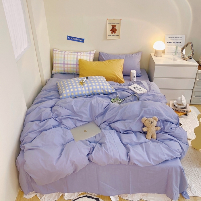 91家纺网 家纺一手货源 找家纺 顾里家纺2021新款40支高密度奶油撞色水洗棉四件套 雾霾蓝