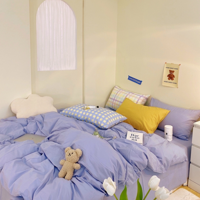 91家纺网 家纺一手货源 找家纺 顾里家纺2021新款40支高密度奶油撞色水洗棉四件套 雾霾蓝