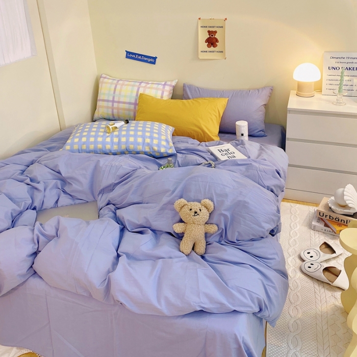 91家纺网 家纺一手货源 找家纺 顾里家纺2021新款40支高密度奶油撞色水洗棉四件套 雾霾蓝