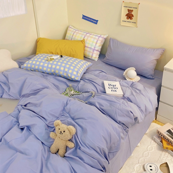 91家纺网 家纺一手货源 找家纺 顾里家纺2021新款40支高密度奶油撞色水洗棉四件套 雾霾蓝