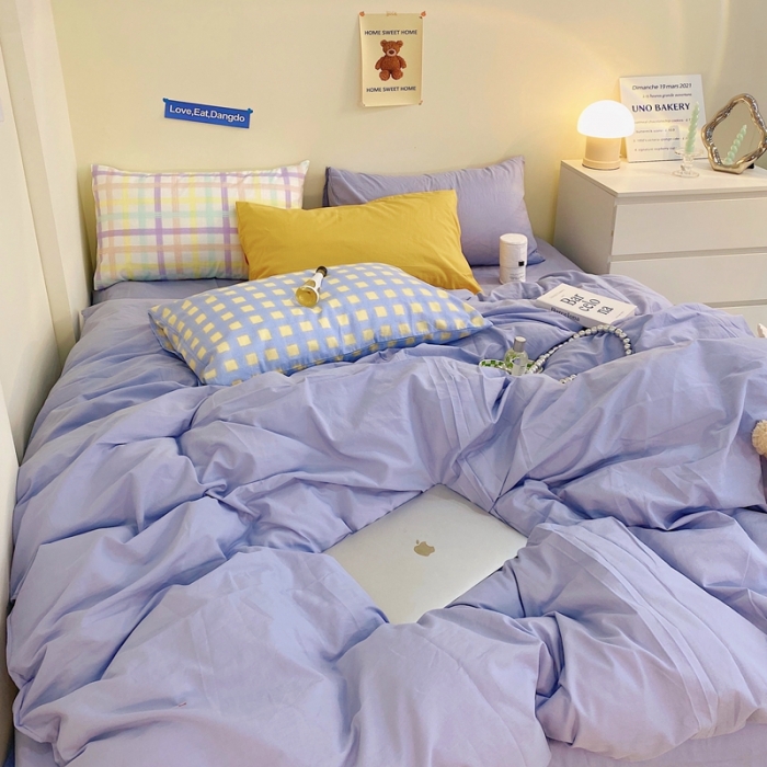 91家纺网 家纺一手货源 找家纺 顾里家纺2021新款40支高密度奶油撞色水洗棉四件套 雾霾蓝