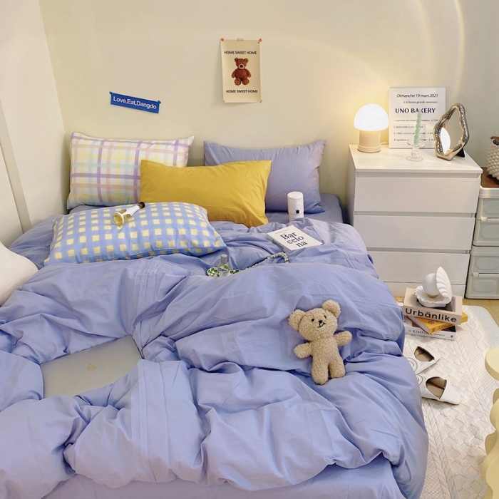 91家纺网 家纺一手货源 找家纺 顾里家纺2021新款40支高密度奶油撞色水洗棉四件套 雾霾蓝