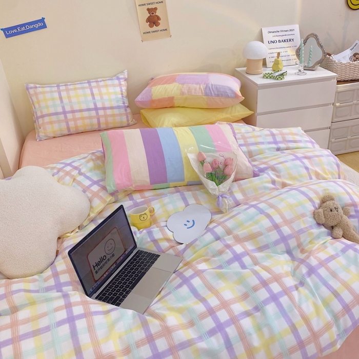 91家纺网 家纺一手货源 找家纺 顾里家纺202140支高密度奶油撞色水洗棉四件套 薰衣草格