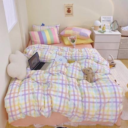 顾里家纺202140支高密度奶油撞色水洗棉四件套 薰衣草格