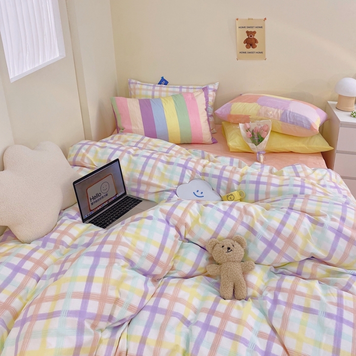 91家纺网 家纺一手货源 找家纺 顾里家纺202140支高密度奶油撞色水洗棉四件套 薰衣草格