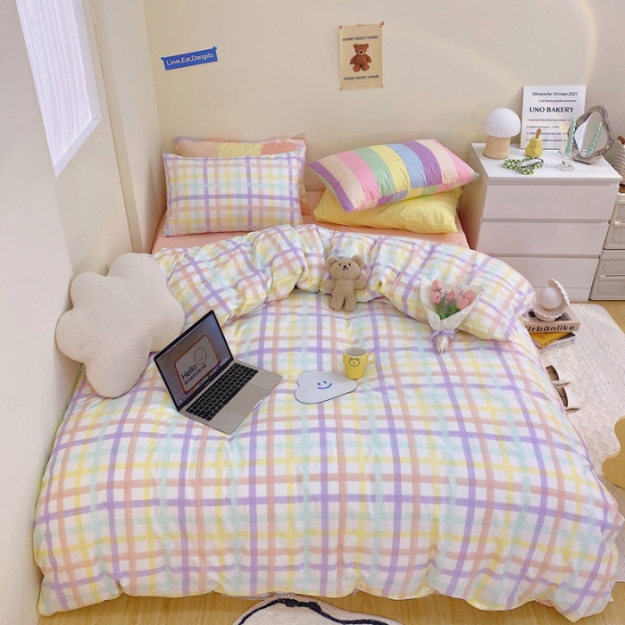 91家纺网 家纺一手货源 找家纺 顾里家纺202140支高密度奶油撞色水洗棉四件套 薰衣草格