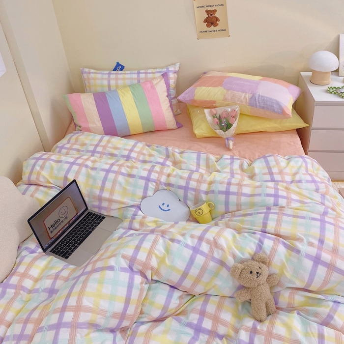 91家纺网 家纺一手货源 找家纺 顾里家纺202140支高密度奶油撞色水洗棉四件套 薰衣草格